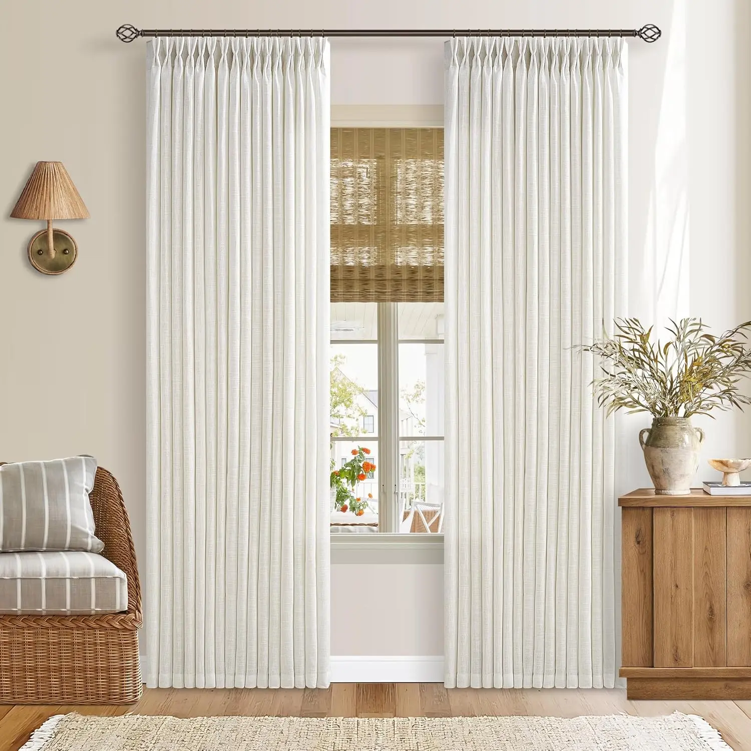 Pinch Pleated Linen Fabric Curtains - 2-Panel Set Pair, 50in W x 90in L Full Panel, Light Filtering Semi Sheer Drapes for Living Room, Bedroom