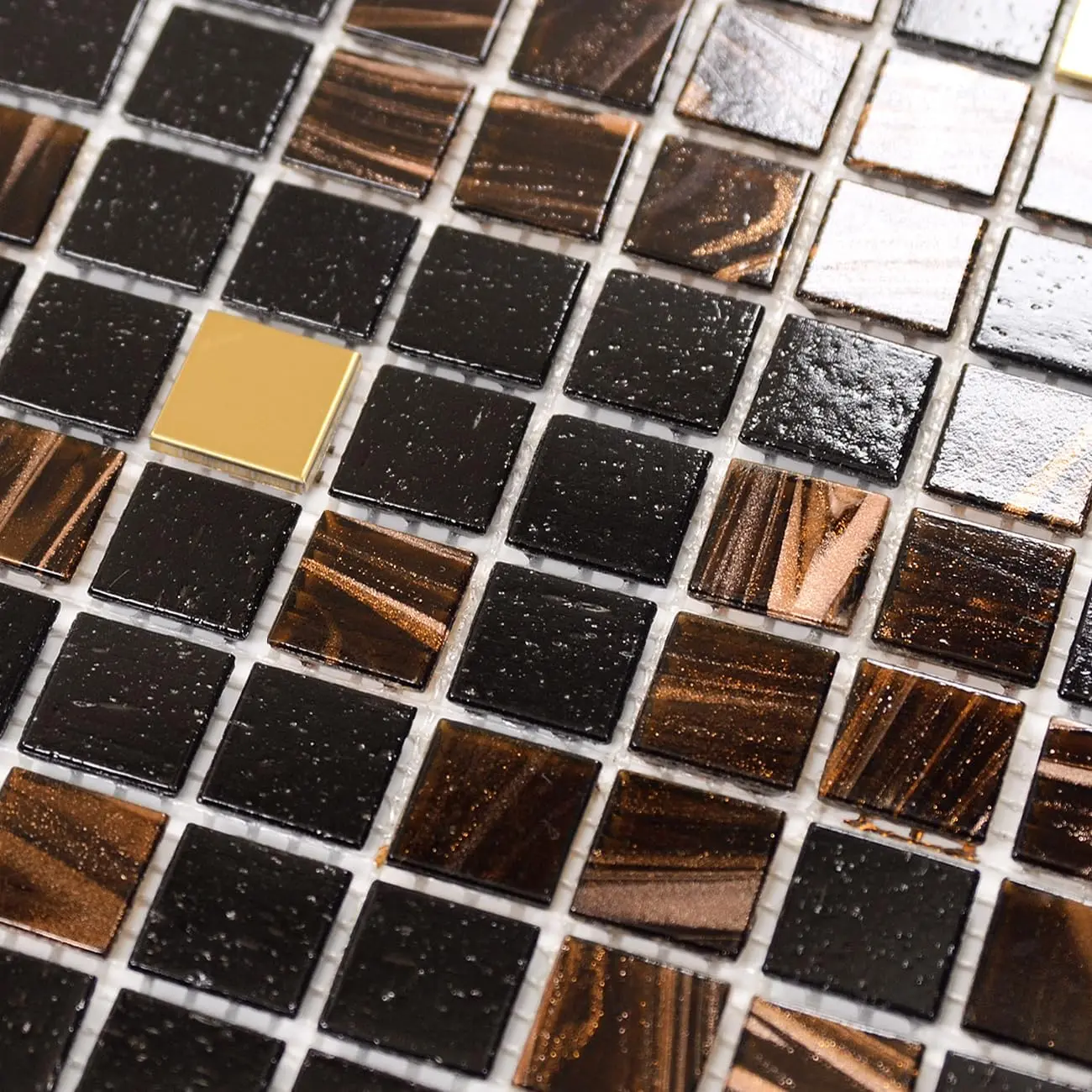 11.5 sq.ft Black Brown Glass Mosaic Tile for Bathroom, Pool, Backsplash |  Wall & Floor Tile. Heat & frost resistant outdoors. Mesh-mounted easy install. Use any grout. Easy clean. 10 count.