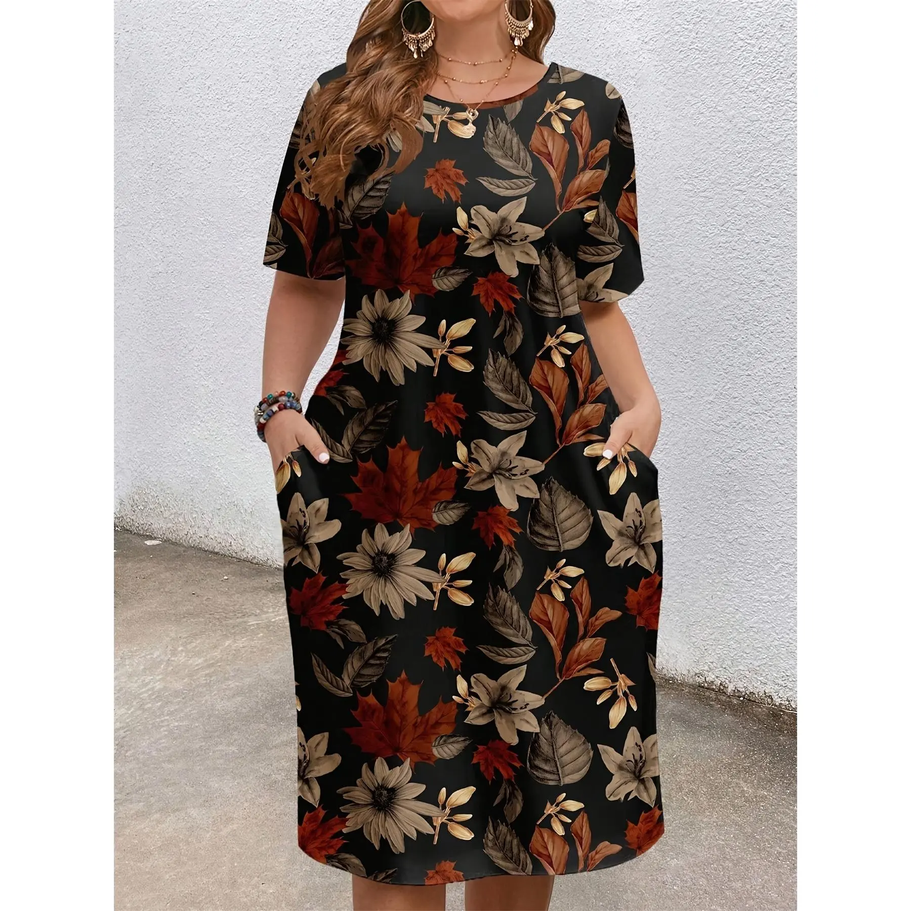 Plus Size Women's Full-Body Leaf Print Pocket Dress, Short Sleeve Crew Neck Midi Dress with Pockets, Stretchy Blouse-Compatible for Body Types, Suitable for Spring Summer Fall Casual Outfits,vacay,dresses,long,anastasia