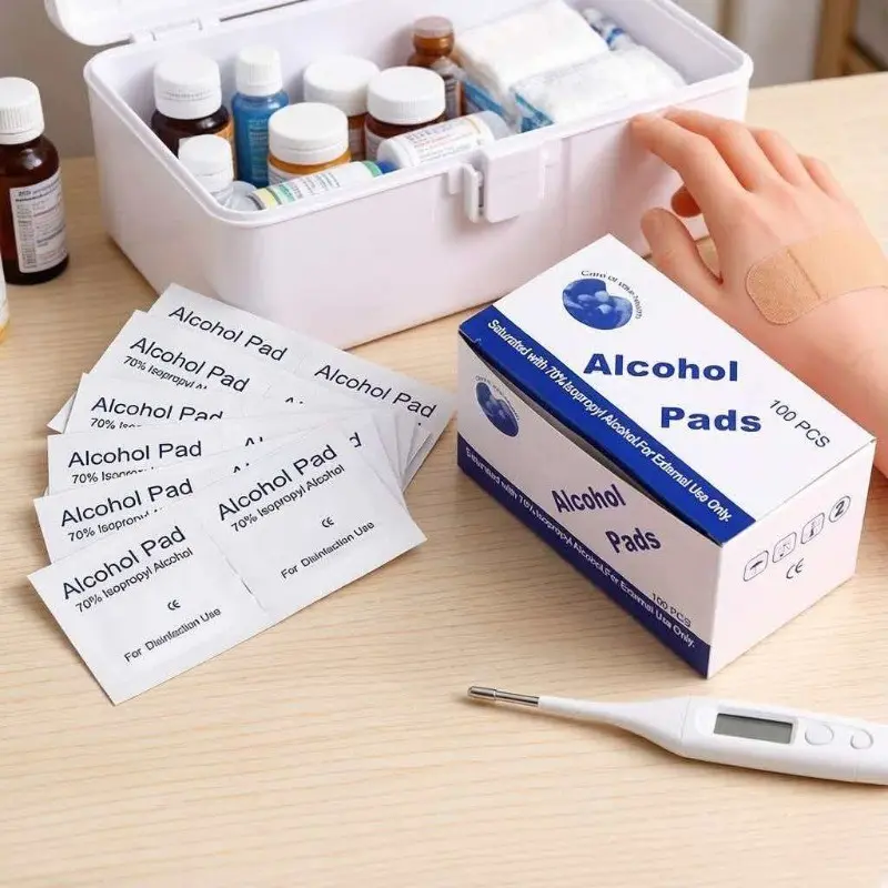 First aid kit essential, 75% alcohol swabs in individual packaging, skin wound disinfection and cleaning supplies, standard item for home medical kits, essen for war and disasters, daily disinfection