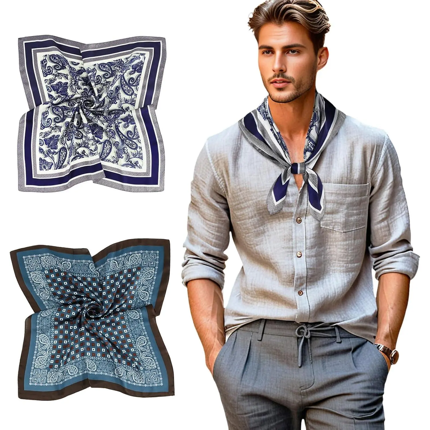 Mens Silk Feel Scarf 2 Pack, 27 Inch Neckerchief Ascot, Novelty Head Bandana Wrap