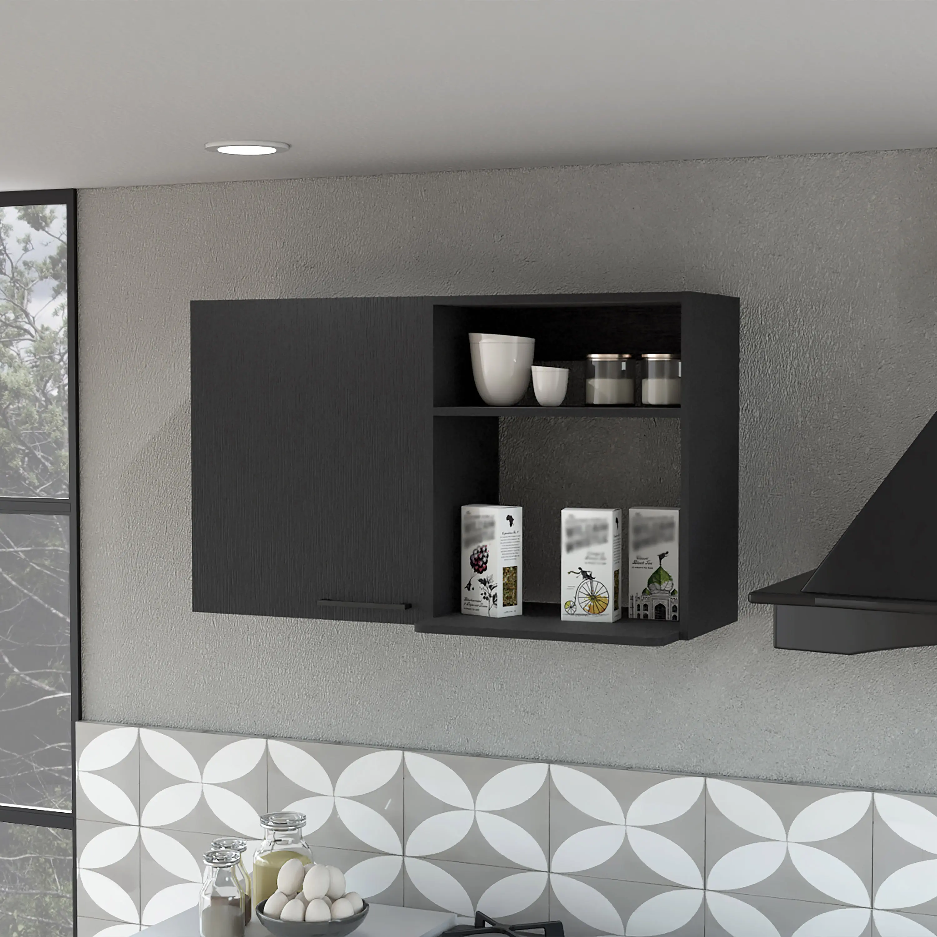Nokaa Wall Mounted Kitchen Cabinet with 2 Doors and Side Shelves, Black Engineered Wood Storage for Small Kitchen Organization, Stackable Design with Metal Handles, 39.37W x 15.75D x 23.62H Inches