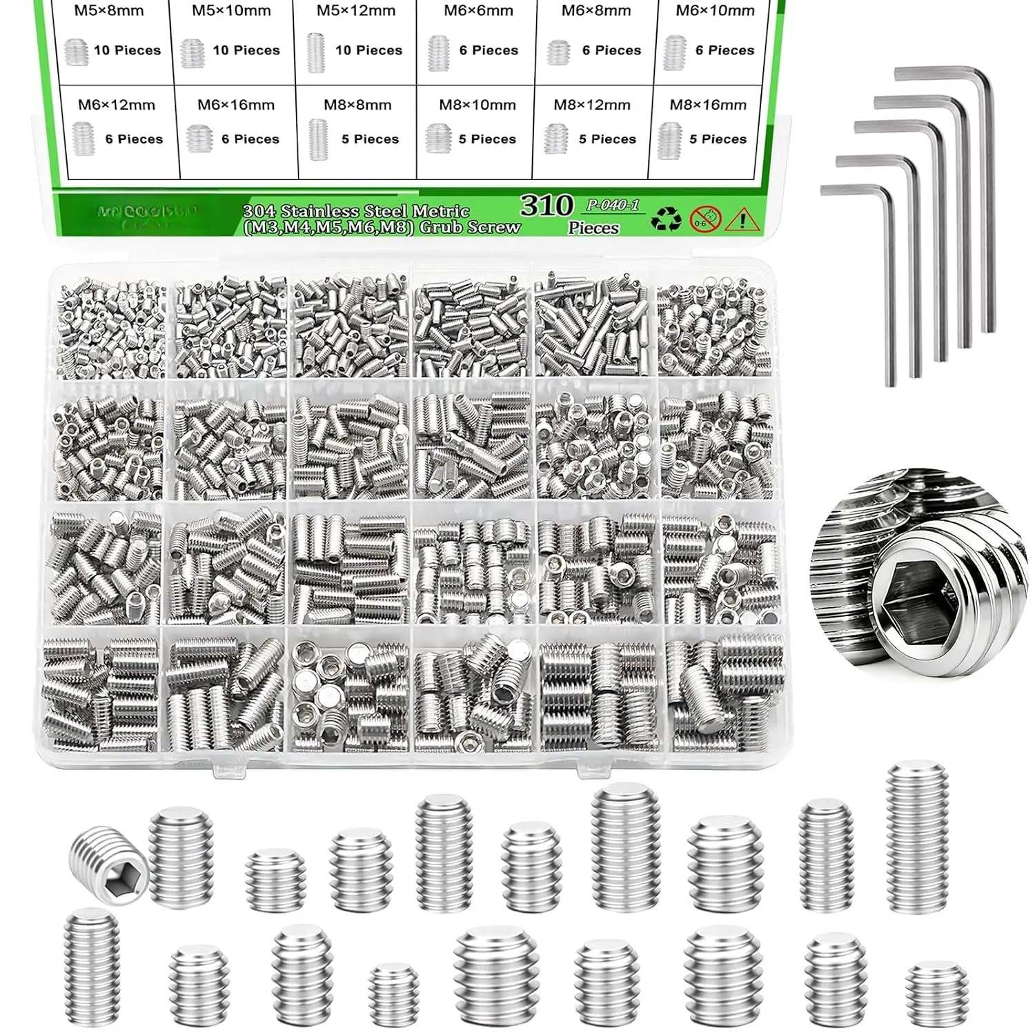 310 count Set Screw  Kit 24 Size 304 Stainless Steel Metric (M3,M4,M5,M6,M8) Grub Screw, Set Screws for Bathroom Fixtures,Set Screw  Kit