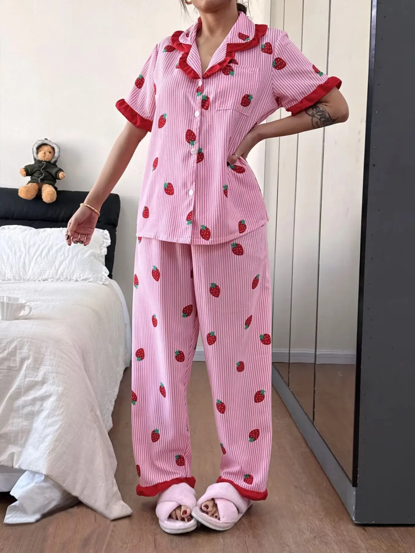 Women's Striped Strawberry Print Pajamas, Ruffle Collar Short Sleeve Button Top, Wide Leg Pants, Soft Cute Fruit Casual Home Wear Loungewear, Pajama Set