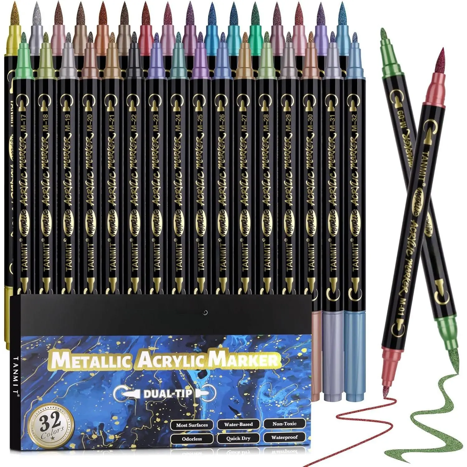 32 Colors Metallic Marker Pens,  Tip   Pens Markers for Black Paper, Scrapbooking, Rock Painting, , Canvas, Stone, Glass, Ceramic, DIY Crafts Making Art Supplies