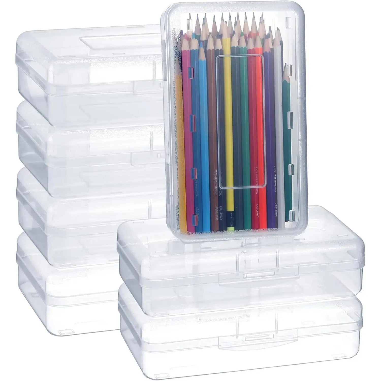 12 Pack Clear Pencil Boxes for School Bulk, Large Plastic Pencil Case with Lid, Stackable Hard Crayon Storage Box for Classroom Kids, Desk Drawer Organizer for Office Home(Clear)