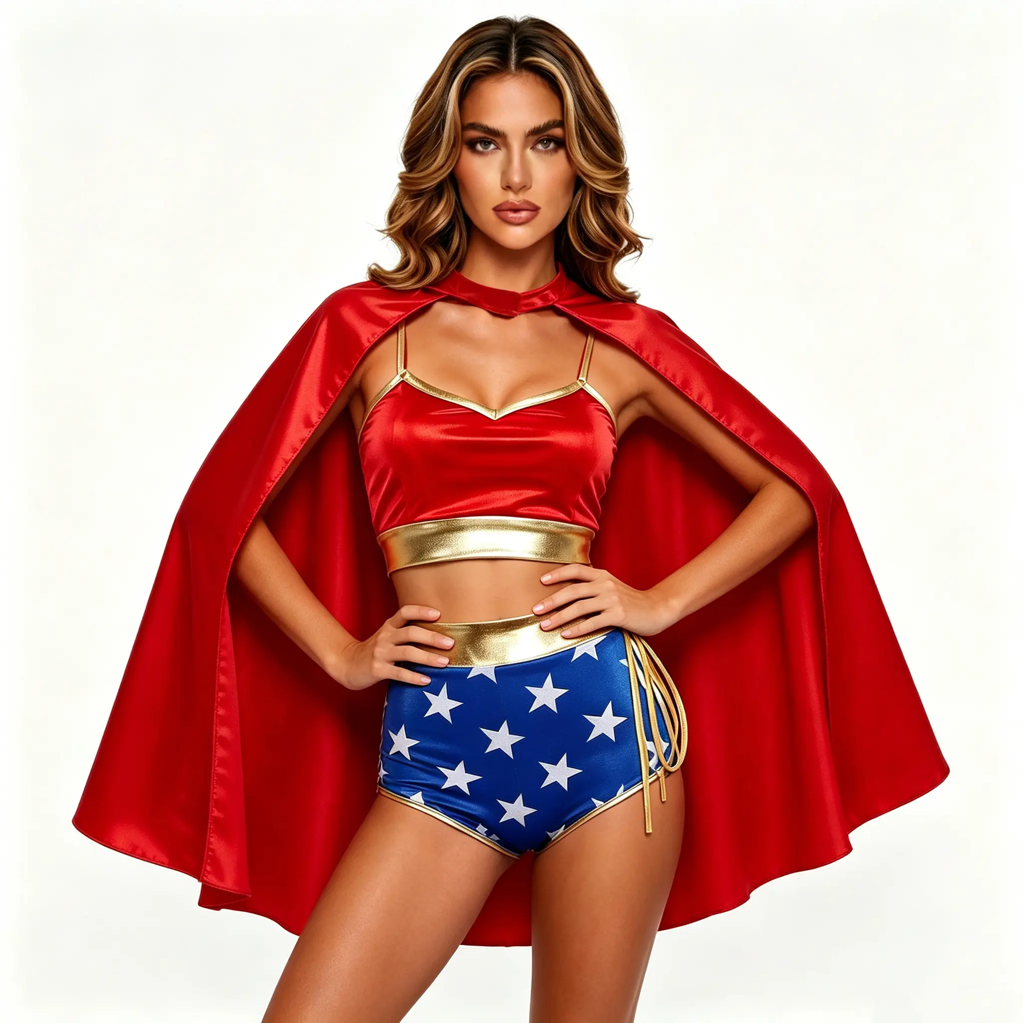 Women's Superhero Halloween Costume, 3-Piece Stretch Set with Star Print Shorts, Crop Top, and Cape for 4th of July Party, Costume Ideas, Party Wear, Elastane, Side Tie, Polyester Blend, Waist Accent, Fabric, Woven