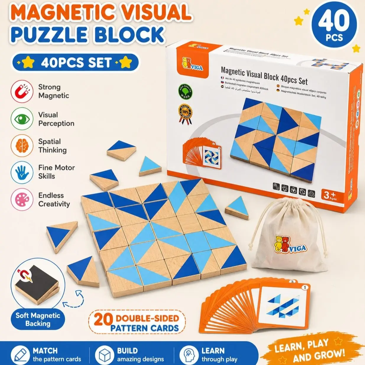 Toddler Montessori Magnetic Geometric Puzzle Set, 40 Beech Wood Blocks, 20 Double-Sided Cards, Educational Toy, Includes Storage Bag