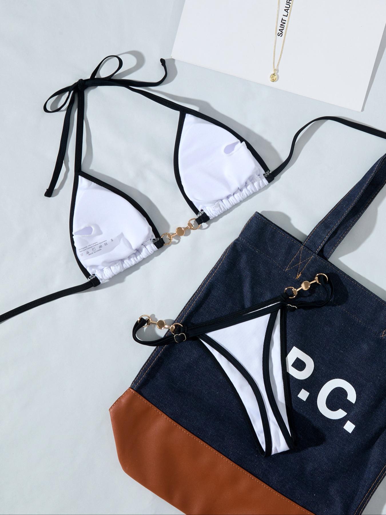 Women's Contrast Binding Chain & Faux Pearls Decor Bikini for Summer 2024, Halter Neck Triangle Bikini Swim Top & Swim Thong, Ladies Summer Swimsuit, Ribbed Triangle Bikini Triangle Underwear, Bikinis Sets