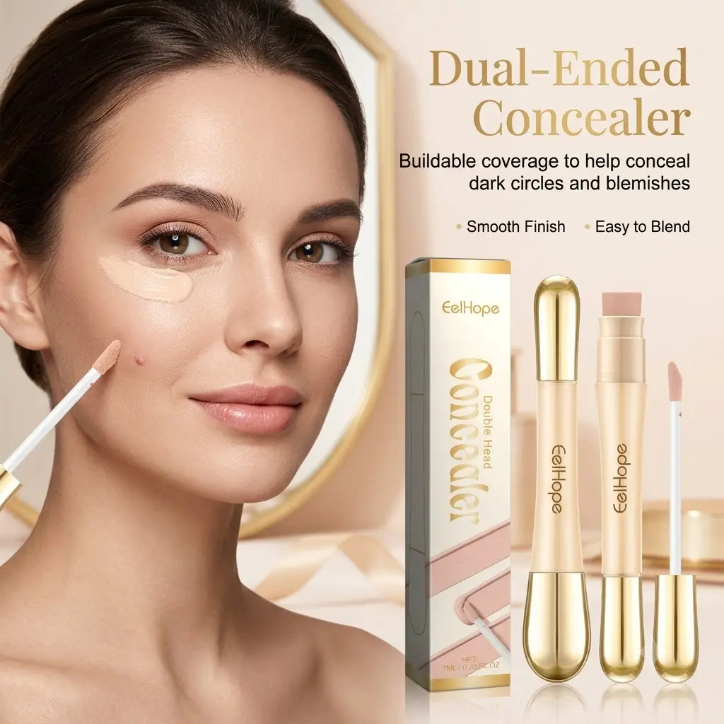 Dual-Ended Concealer Stick with Sponge & Brush, Brightening Face Makeup with Hyaluronic Acid and Vitamin E, Buildable Coverage for Dark Circles, Blemishes, Spots and Contouring