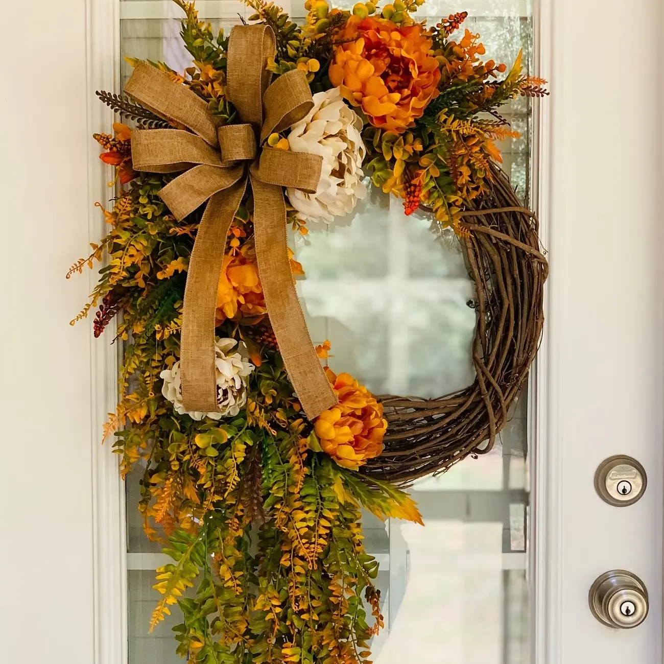 24-Inch Hanging Peony Autumn Grapevine Wreath, Long Cascade Fall Front Door Wreath with Hemp Rope Bow, Rustic Thanksgiving Decor