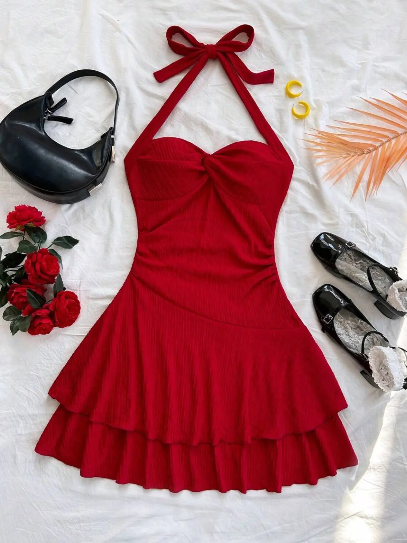 Sexy Chic Mini Dress with Backless Design, Sleeveless, Neck Tie, Pleated Hem, Double Layer, Perfect for Parties, Dates, Valentine's Day, Summer Wear