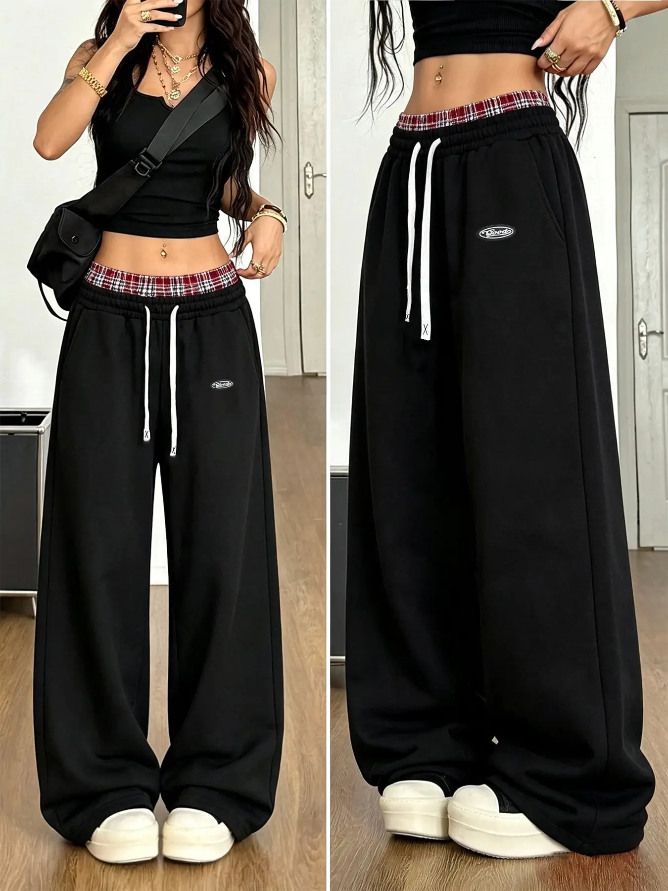 Women's Regular Fit Adjustable Drawstring Sweat Pants, Contrast Plaid Waist Loose Trousers, for Casual Daily Streetwear