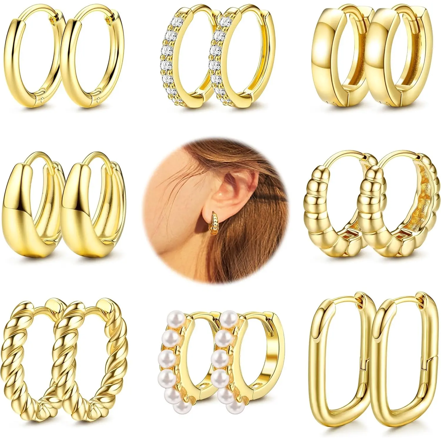 FIASASO 9 Pairs Hoops Earrings - 14K Plated Gold, Chunky & Lightweight, Stackable, Silver/Gold Hoops Set