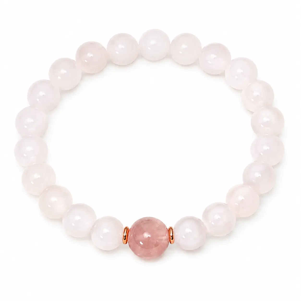 Women's Natural Stones Beaded Bracelet - Rose Gold-Plated Rose Quartz, Strawberry Quartz Accent, Elastic Stretch Minimalist Single-Piece Healing Crystal Jewelry with Romantic Charm for Casual Wear