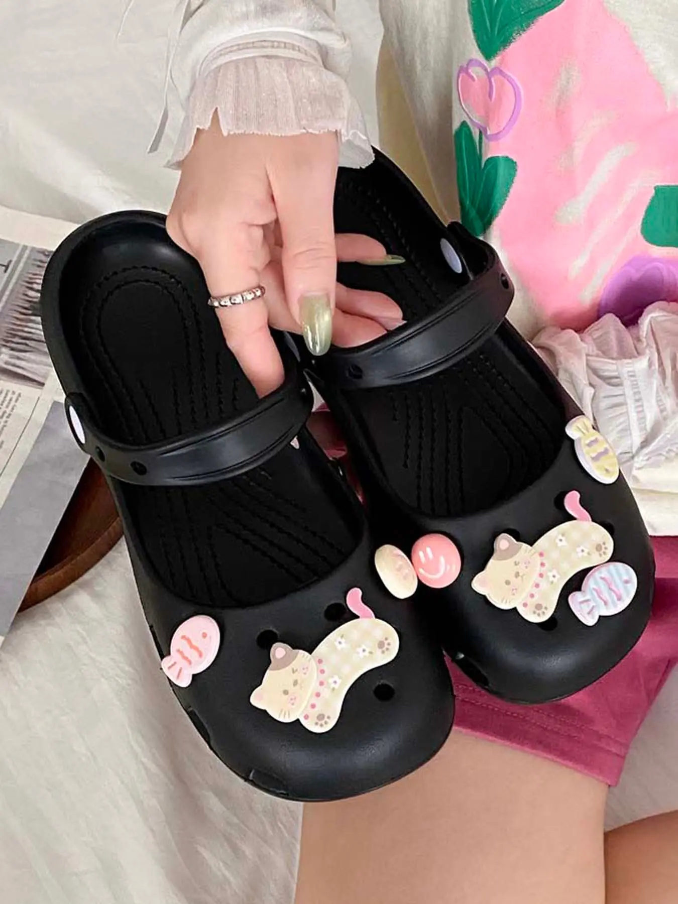 Summer New Cute Cartoon Cat Mary Jane Shoes for Women, Eva Soft Sole Comfortable Breathable Beach Sand Garden Shoes, Soft Sole Slippers