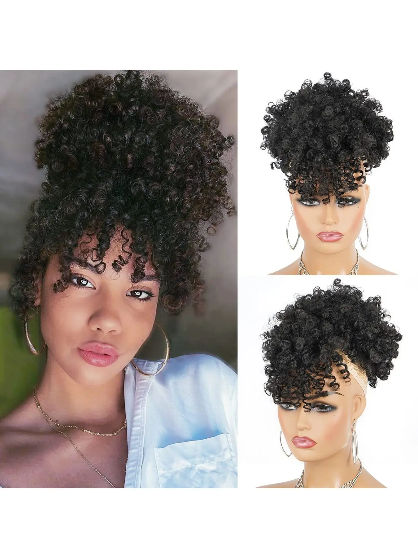 Synthetic Full Lace Headband Wig for African Women Explosion Afro Bangs Curly Volume Puff Hair Cover Soft Lightweight Breathable Comfortable Everyday Casual Stylish Street Fashion Accessory