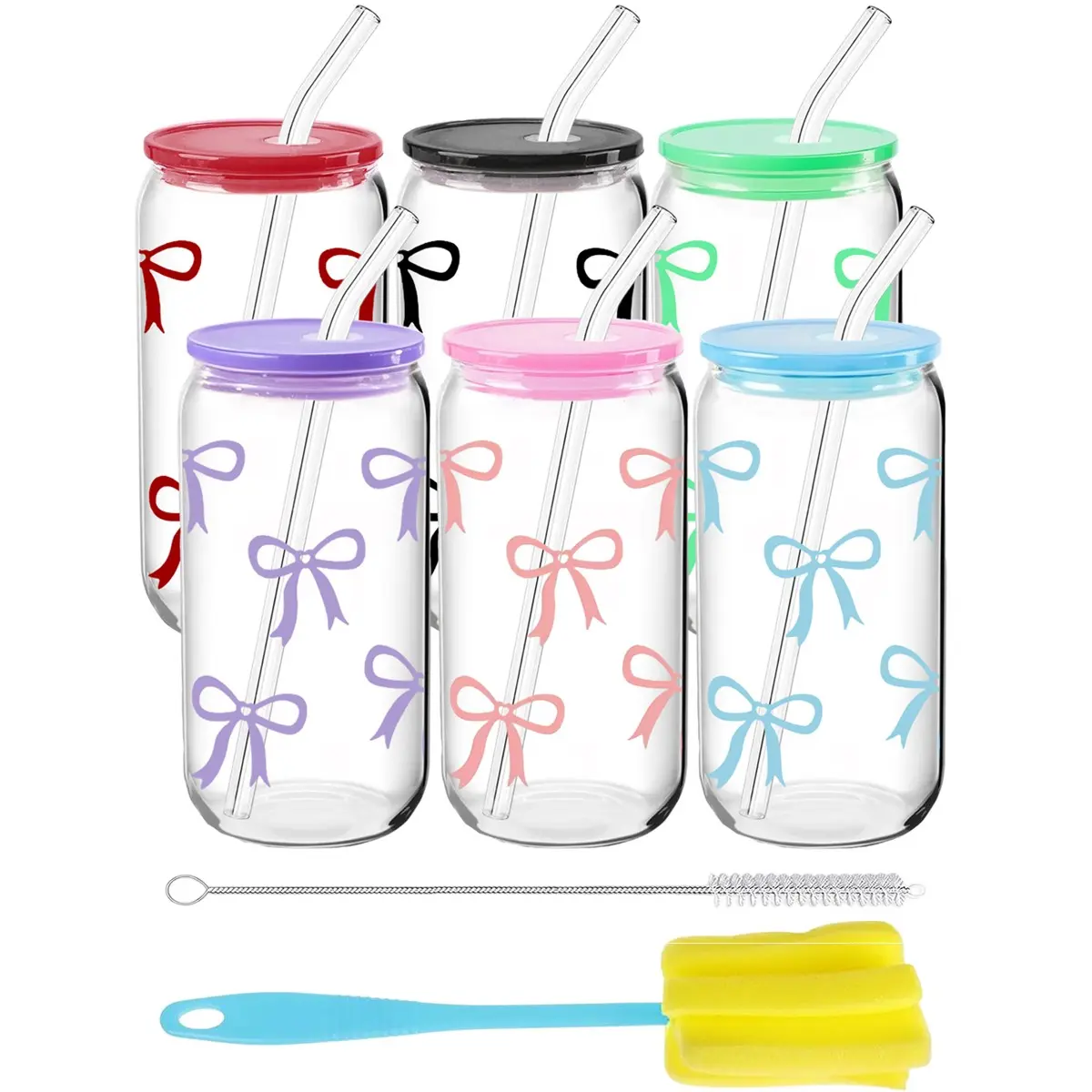 Bow Pattern Glass Cups with Lids and Glass Straw, 1/6 Pack Set Beer Can Drinking Glasses, 16oz Beer Glasses, Iced Coffee Cups, Glass Tumblers Cups for Cocktail, Whiskey, Tea, Water Tumbler with Straw