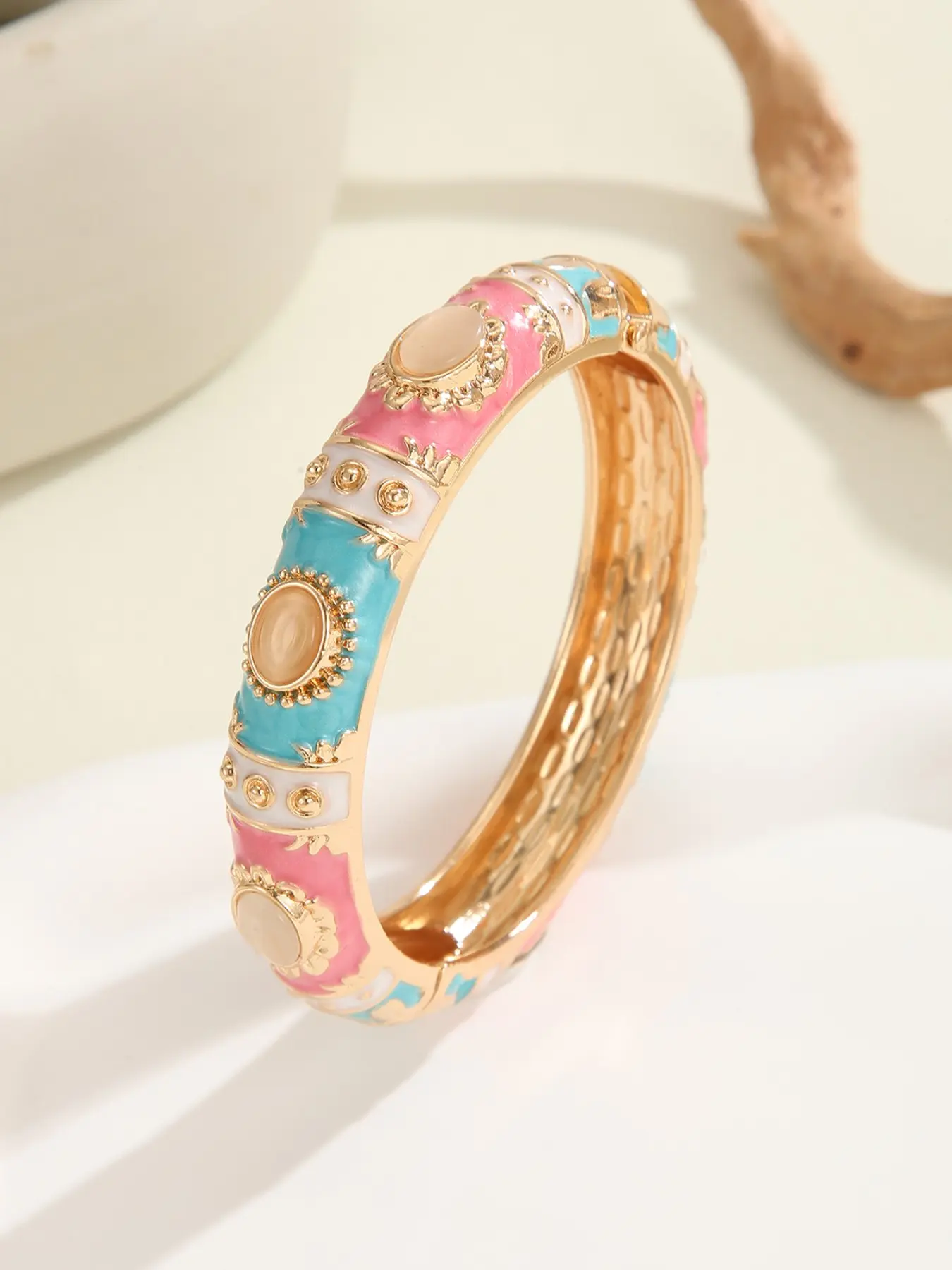 Vintage Cloisonne Enamel Opal Bangle Bracelet for Women, Gold Plated Cabochon Cat Eye Stone Hinged Cuff Bracelet, Chunky Bohemian Sunburst Palace Jewelry, Luxury Wristband Gift for Anniversary Birthday Party, Boho Style Bracelet