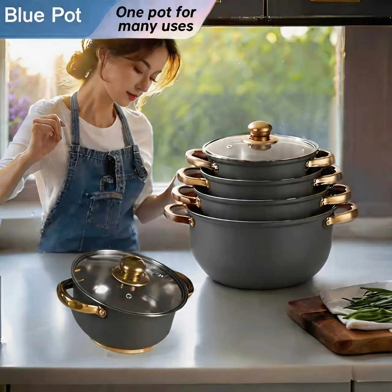 5 pots with 5 lids, stainless steel cookware set, durable kitchenware, suitable for outdoor, dorm and camping | Compatible with all stove types, camping cookware, portable cookware set, outdoor cooking, cooking cookware set, multi-function cookware