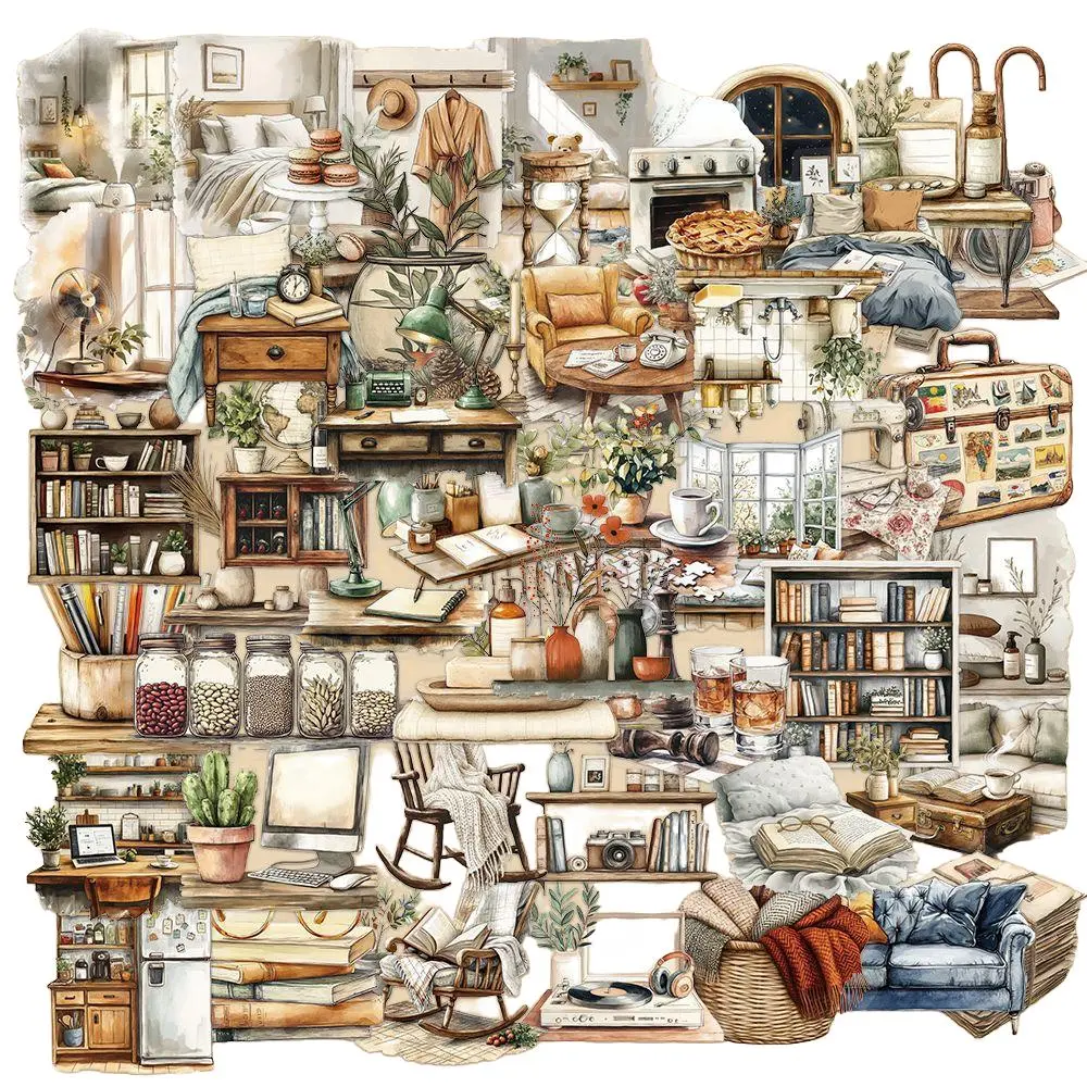 50Pcs Retro Furniture PET Stickers, transparent art decals, Decorative Stickers with uplifting designs, Positive Stickers for daily decor and gifts. #VintageStickers #PETStickers #TransparentStickers #FaithStickers #DIYDecor