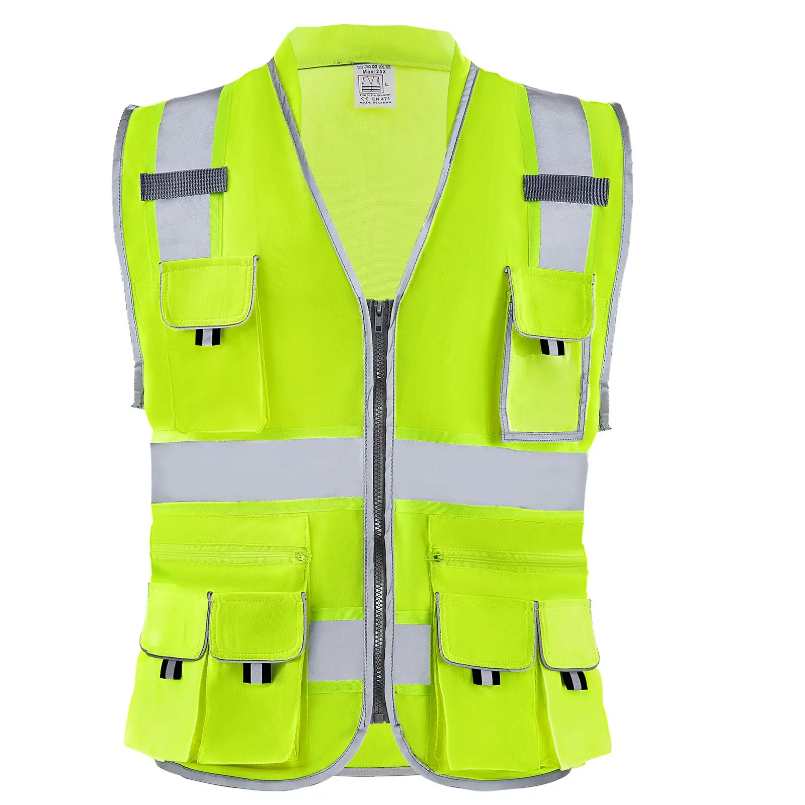 【DealsForYouDays】VEVOR Safety Vest, 10 Pockets Yellow Safety Vest, High Visibility Zipper Front Safety Vest with Reflective Strips, Hi Vis Work Construction Vest with Pockets and Walkie-Talkie Clip, for Men Woman