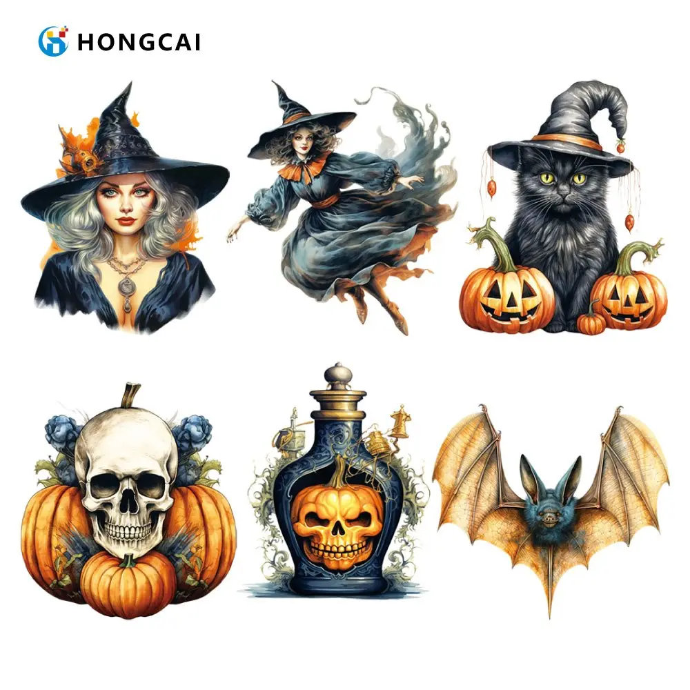 6Pcs Halloween transfer stickers with skull & pumpkin prints. Soft, durable, colorfast, great for tees, hoodies and bags.