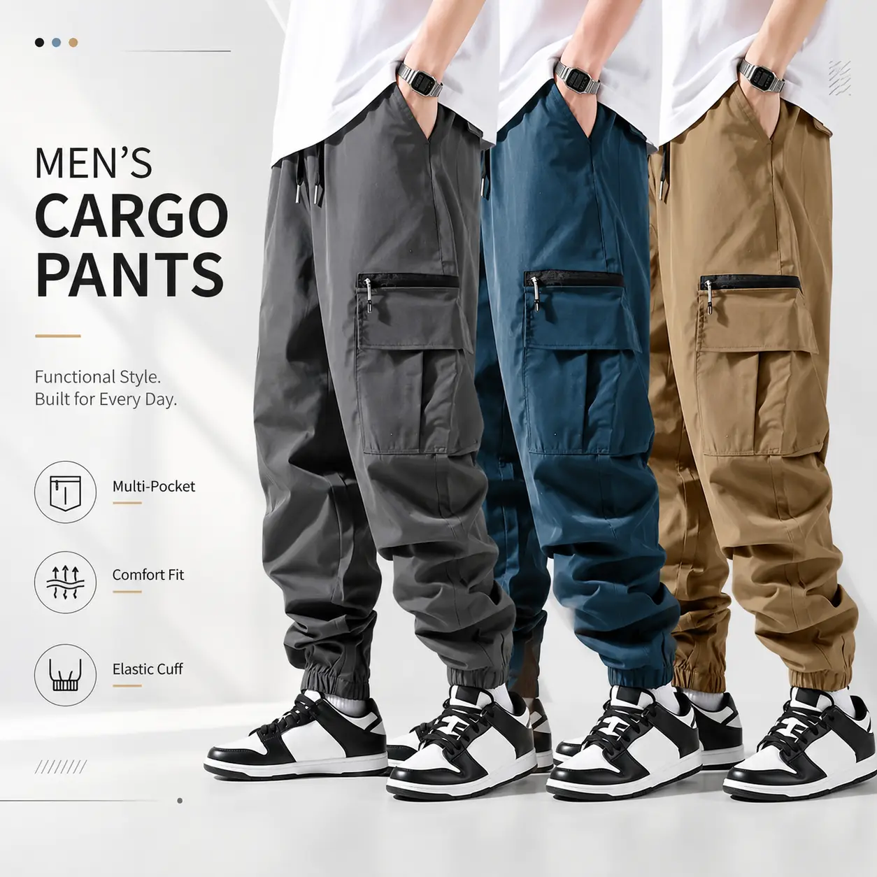 Men Multi Pocket Cargo Jogger Pants Elastic Drawstring Waist Tapered Ankle Cuffed Outdoor Casual Streetwear Trousers