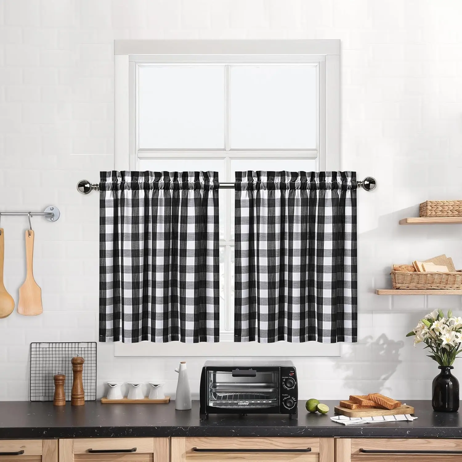 Buffalo Plaid Gingham Half Window Cafe Tier Curtains Farmhouse Check Tiers Curtain for Kitchen Bathroom Living Room Window 28" x 36" Black/White Set of 2