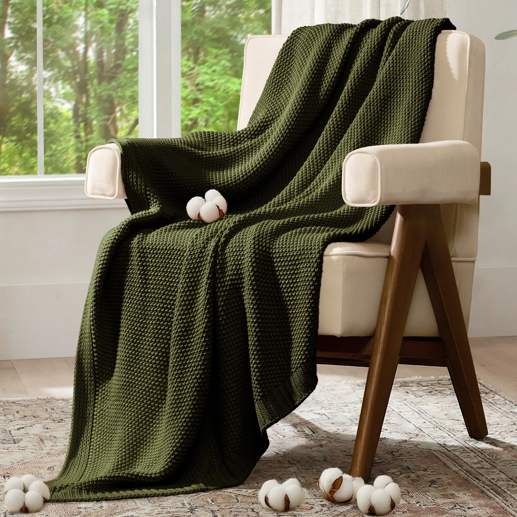 【Summer Wins】Blunique 100% Cotton Knit Throw Blanket, Soft Lightweight Breathable Cable Knit Blanket for Bed Sofa Couch, Spring Summer Home Decor, Ideal Gift