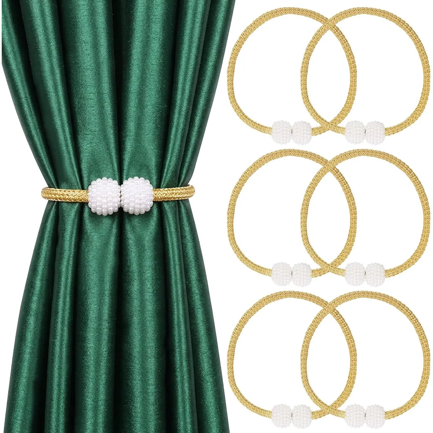 6-Piece Gold Magnetic Curtain Tiebacks Set, 18.9in Polyester Rope Holders with Decorative Pearls, Heavy-Duty Renter-Friendly No-Drill Grip for Window Control & Master Bedroom Decor