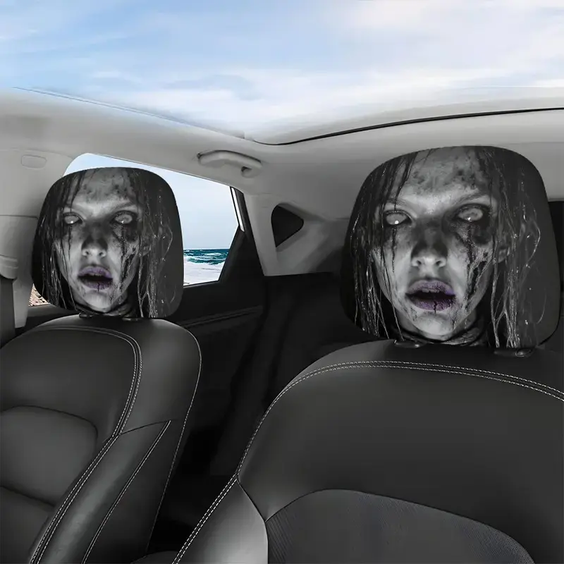 2026 New Unisex Double-Sided Print Car Headrest Cover, Ghost & Skull Pattern, Halloween Horror Decor, Full Coverage, Universal Fit, Easy Installation, Lightweight Soft Breathable Fabric, US Design for Cars homedecor, Fun Car Accessories, Gothic Car Access