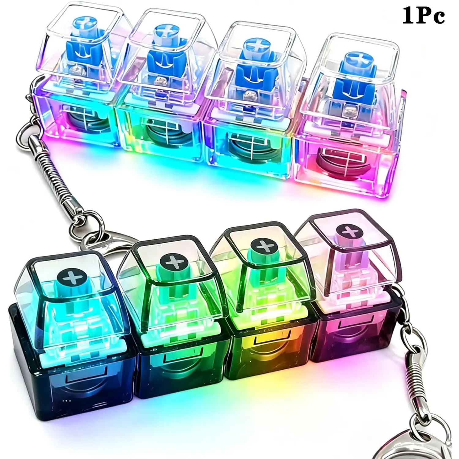Keyboard Fidget Button Clicker Keychain with LED Lights, 4-in-1 Stress & Anxiety Relief Clicker Toy, Sensory Decompression Toy for Kids & Adults