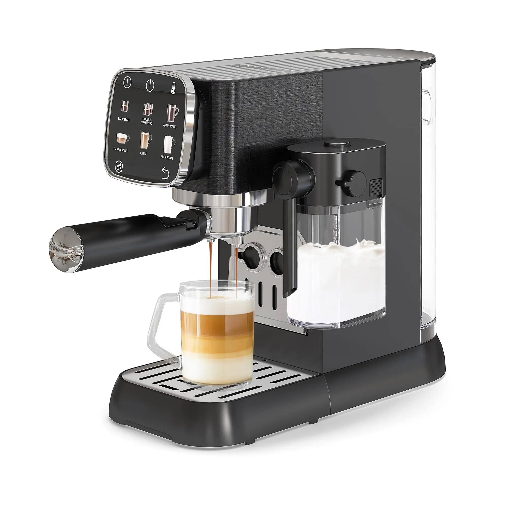 20Bar Espresso Machine with Milk Frother, Semi-Auto Coffee Maker for Home Barista, Stainless Steel, Touchscreen Control, 3 Temp Settings, One-Touch Cleaning, Cappuccino Latte Maker