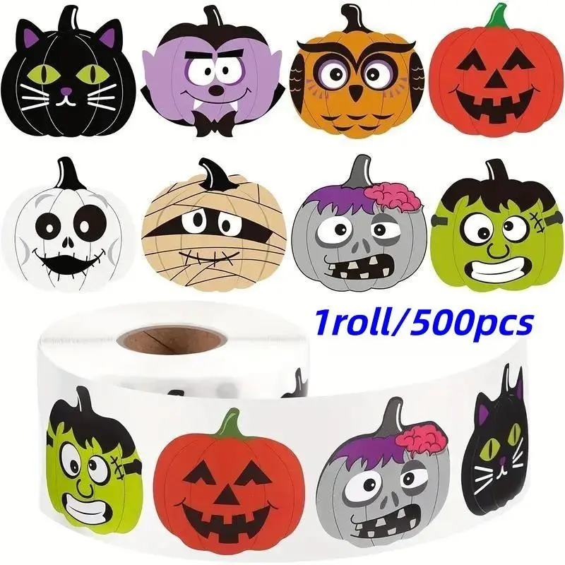 Halloween Horror Pumpkin Stickers, 500pcs, 8 Unique Designs, DIY Decor for Envelopes, Water Bottles, Phone Cases, Journals, Fridges, PVC Adhesive