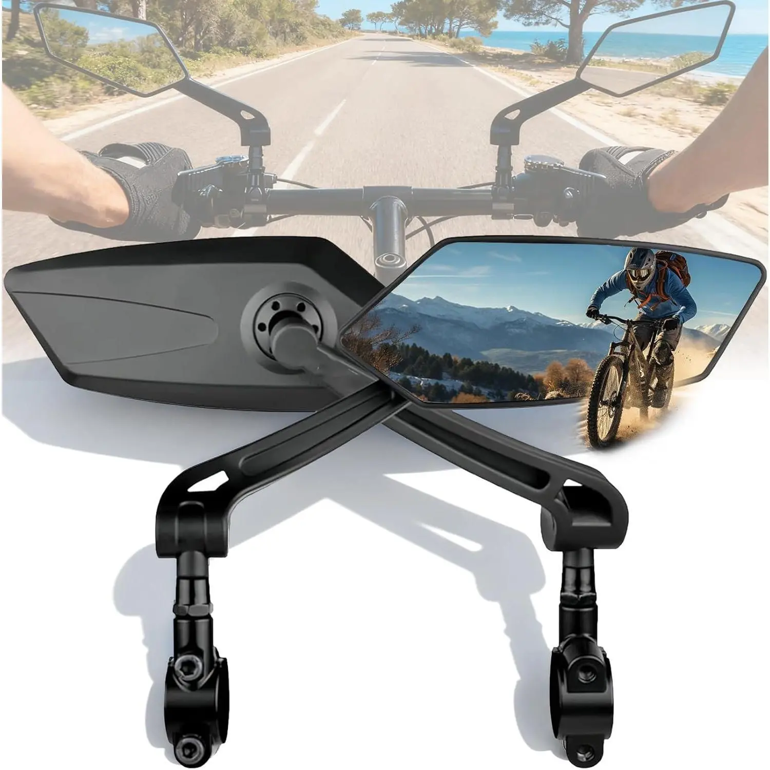 2 Pack 360 Degree Adjustable Bike Handlebar Mirrors, Scratch Resistant Clear Glass Rear View Side Mirrors, Universal Cycling Safety Mirror Accessories for Mountain Bikes, Road Bicycles, E-Bikes, Electric Scooters
