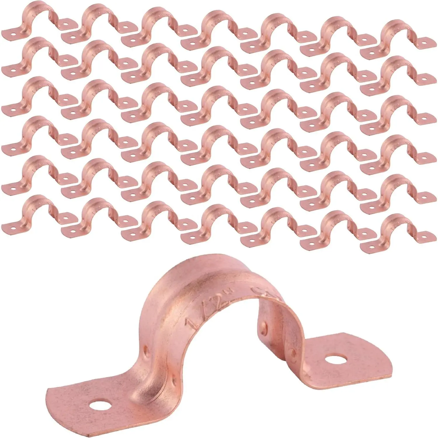 1/2 Inch Copper 2-Hole Strap 50 Pack - Pipe Support for Plumbing, Heavy Duty, Corrosion Resistant, Easy Installation