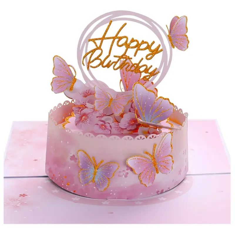 Creative Butterfly Birthday Cake 3D Pop-Up Card, Cherry Blossom Butterfly 3D Card, Pearl Envelope, Unique Gift Idea