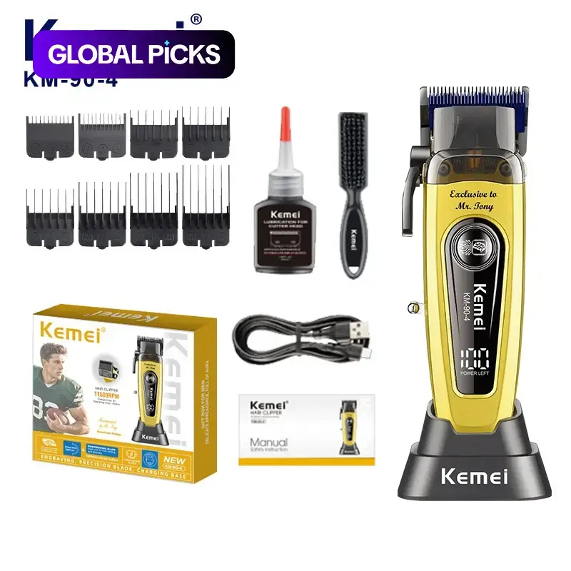 Professional Kemei Km-90-4 Hair Clipper,Low Noise ，Wireless Razor with LED Display, DLC Blade, Self-Sharpening Blades ，Charging Base, 2000mah, Ideal for Barbers，Skin-Safe，Close Gapping