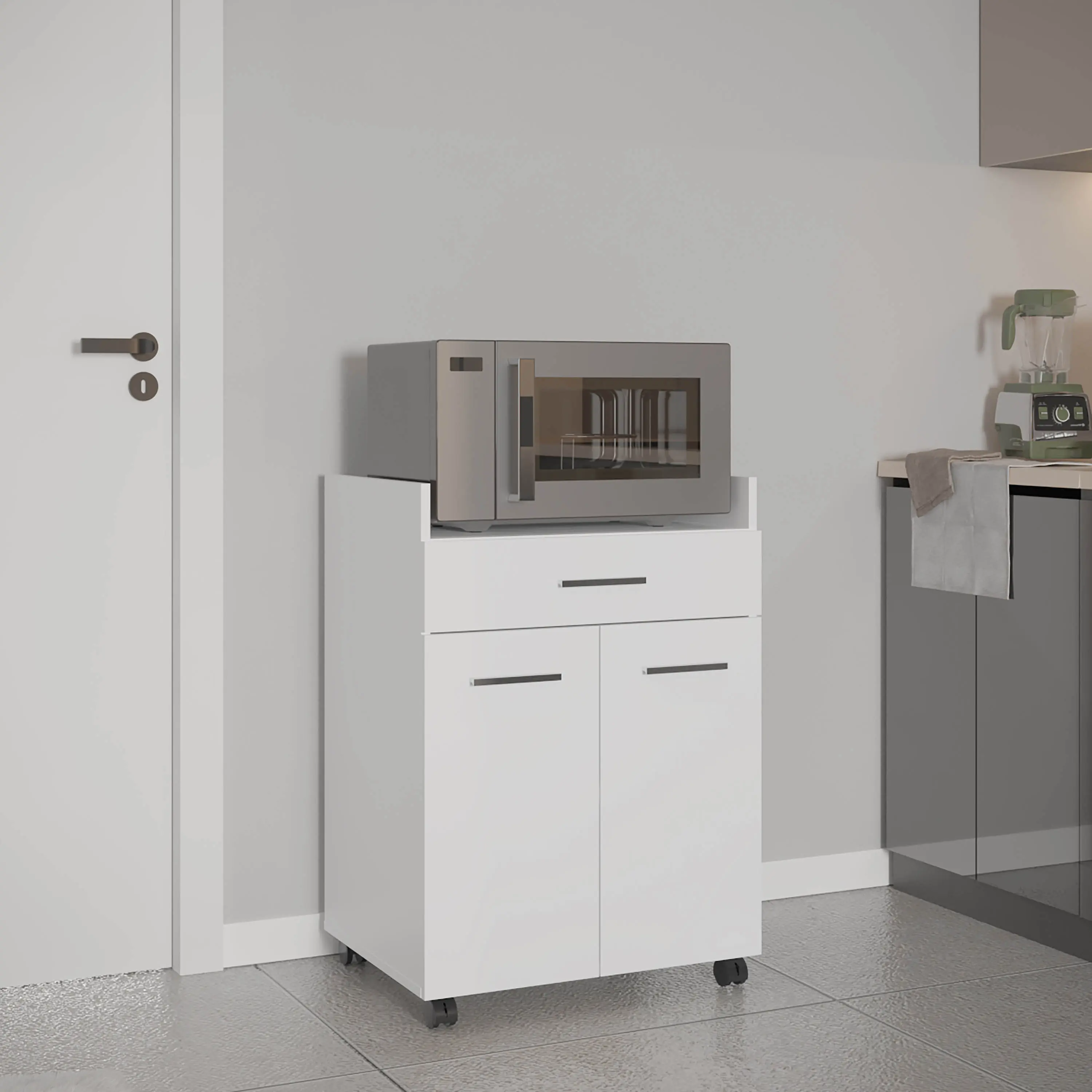 Nokka Mobile Kitchen Island Cart with Casters, MDF Utility Cart with Drawer, Open Shelves and Cabinet, White Serving Cart for Dining Room, Compact Prep Station on Wheels, 23.6D x 18.2W x 33.2H in