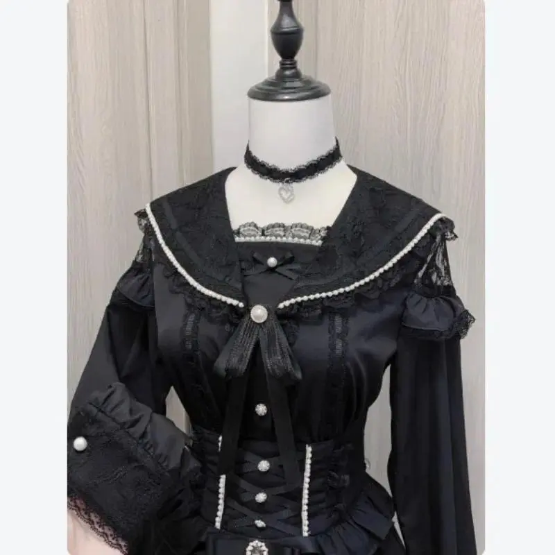 Japanese Kawaii Lolita Blouse Women Sailor Collar Shirt Y2k Aesthetic Lace Patchwork Grunge Tops JK Cute Bow Button Blusas 2025