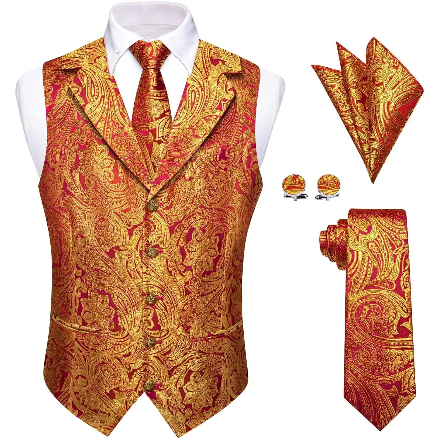 Mens Suit Vest 4PC Silk Paisley Vest with Necktie Pocket Square Cufflinks Formal Woven Waistcoat for Suit Tuxedo