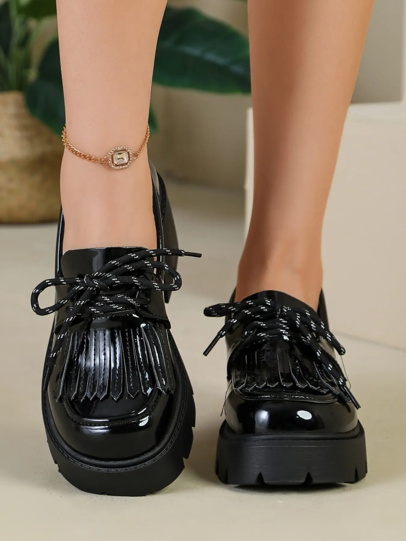 Vintage Fringe Thick Sole Loafers Women, Glossy PU Leather Buckle Shoes, Gothic Chunky Heel Platform, College Style Height Boosting