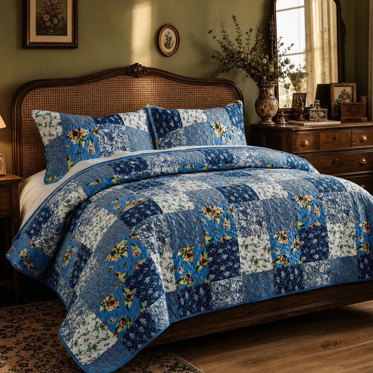 2/3 Piece Vintage Blue Floral Patchwork Quilt Bedding Set Blue Bedspreads, Soft Dutch Velvet Bedspread Coverlet, Quilted Blanket Thin Comforter Bed Cover for All Season