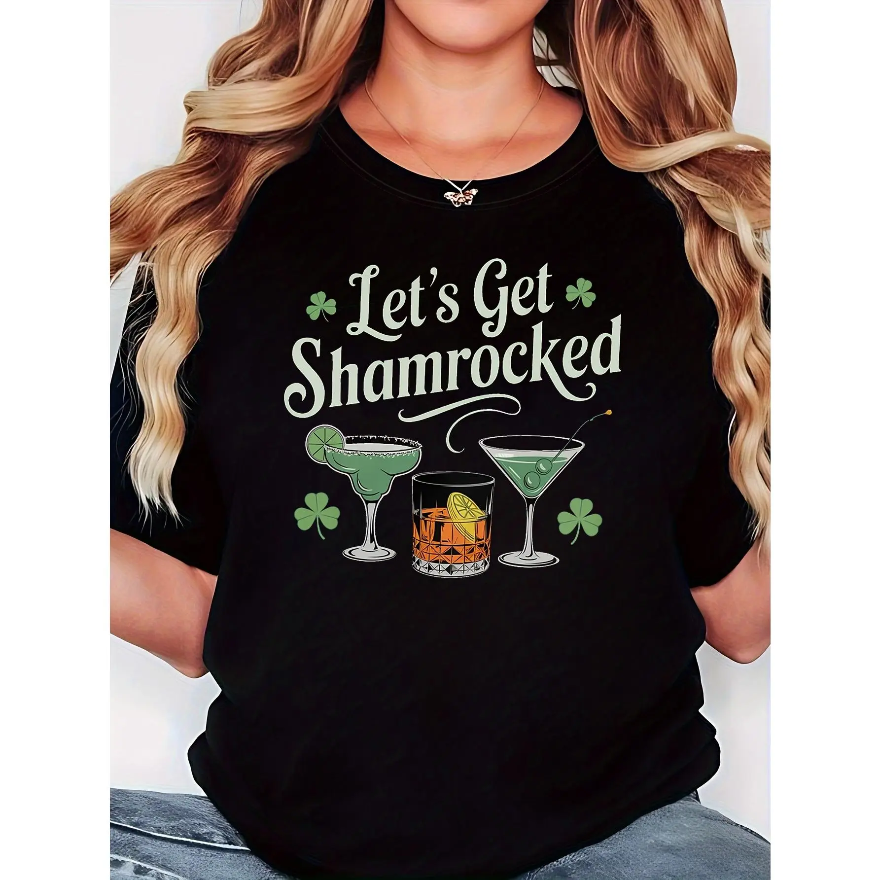 [St Patrick's Day T-Shirt] Let's Get Shamrocked St Patrick's Day Graphic Print T-Shirt - Women's Spring-Summer Short-Sleeve Crew-Neck Casual T-Shirt - Daily Leisure Holiday Gift