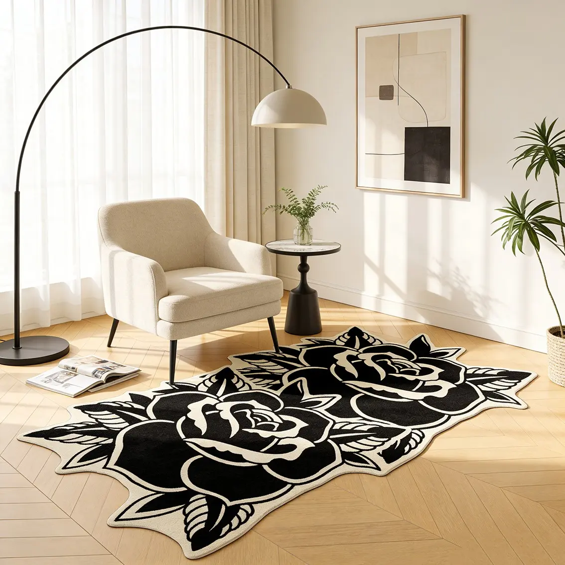 American tattoo style black and white rose art irregular carpet soft and skin friendly plush material bedroom bedside decoration floor mat retro high-end atmosphere soft decoration indoor area rugs Flower Pattern Rugs