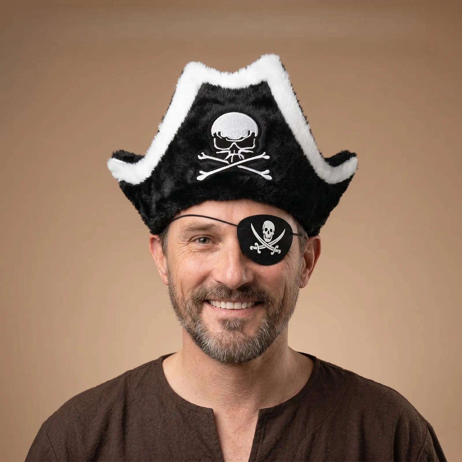 2pcs Black pirate hats embroidered with skull and crossbones, matching eye patches printed with skull and crossed swords, head accessories for Halloween party cosplay