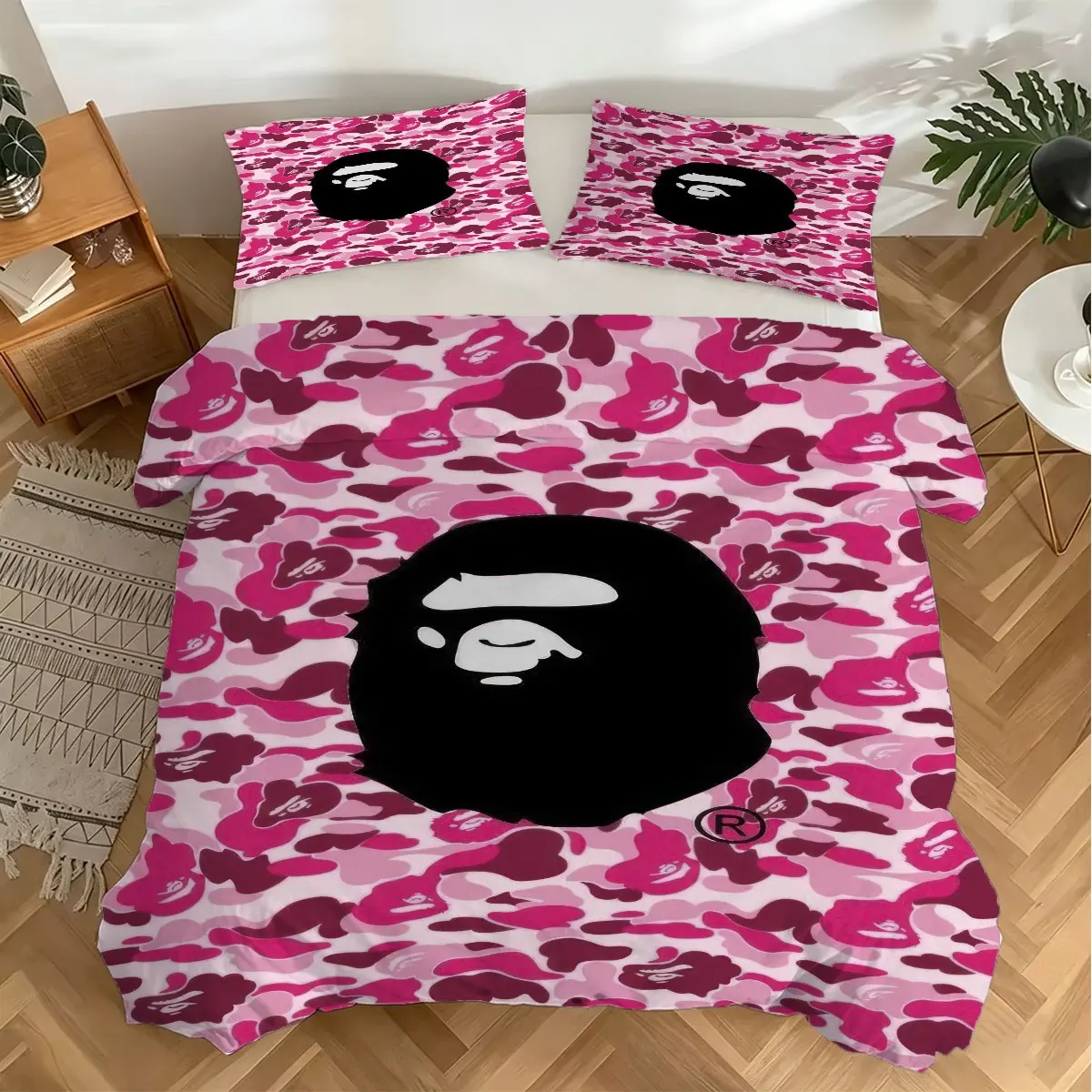 Pink Camo Ape Head Pattern Decorative Duvet Cover Set, 2/3Pcs Hip Hop Style Bedding Set, Machine Washable, Streetwear Teen Bedroom Decor, Ideal Gift for Fashion Lovers. 1 or 2 Pillowcase, No Filling
