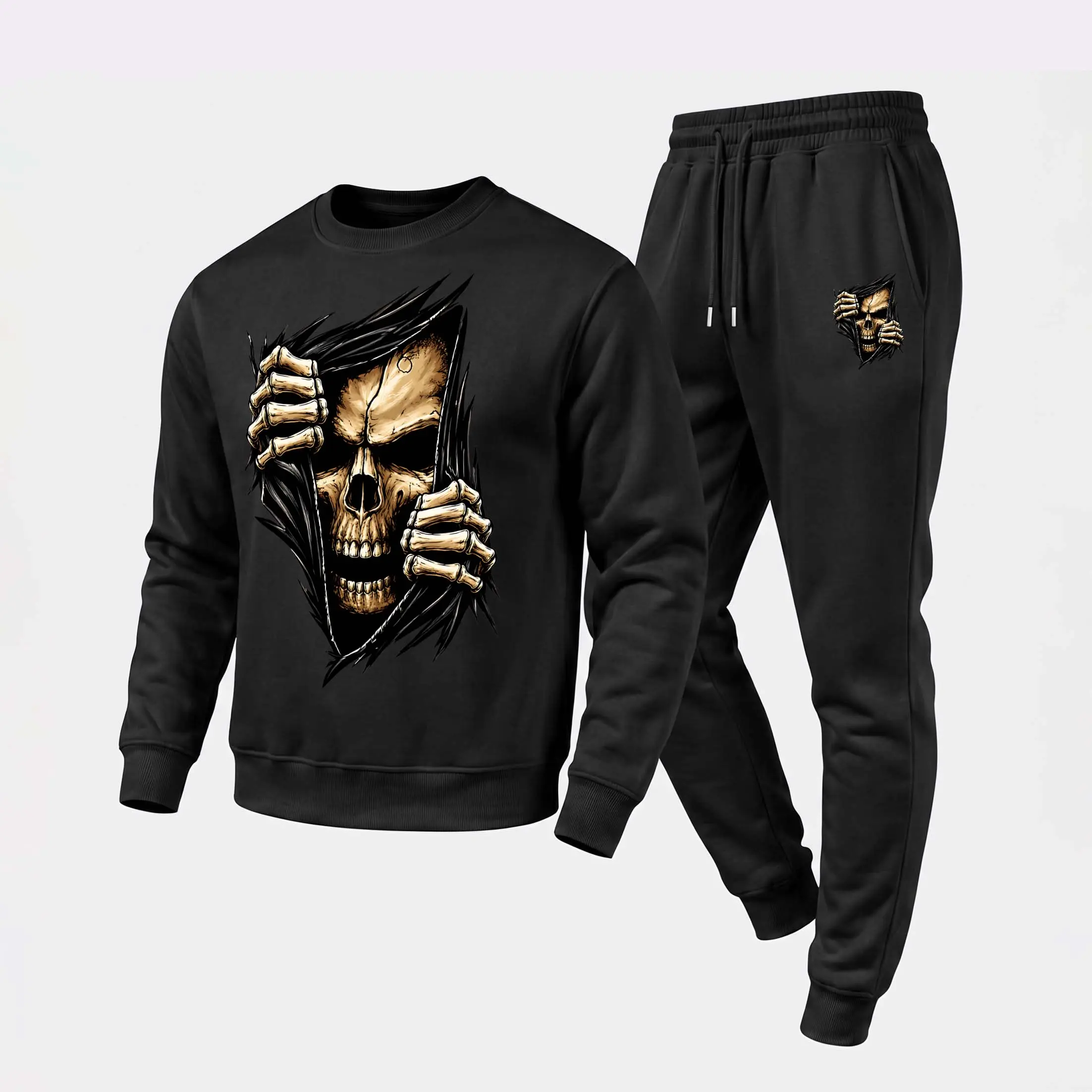 Men's Tear Apart The Black Skull Graphic Crewneck Sweatshirt and Jogger Pants Set, Casual Long Sleeve Pullover with Drawstring Sweatpants, Fall Winter Tracksuit for Daily Wear, Travel, Lounge, Workout and Indoor Outdoor Activities