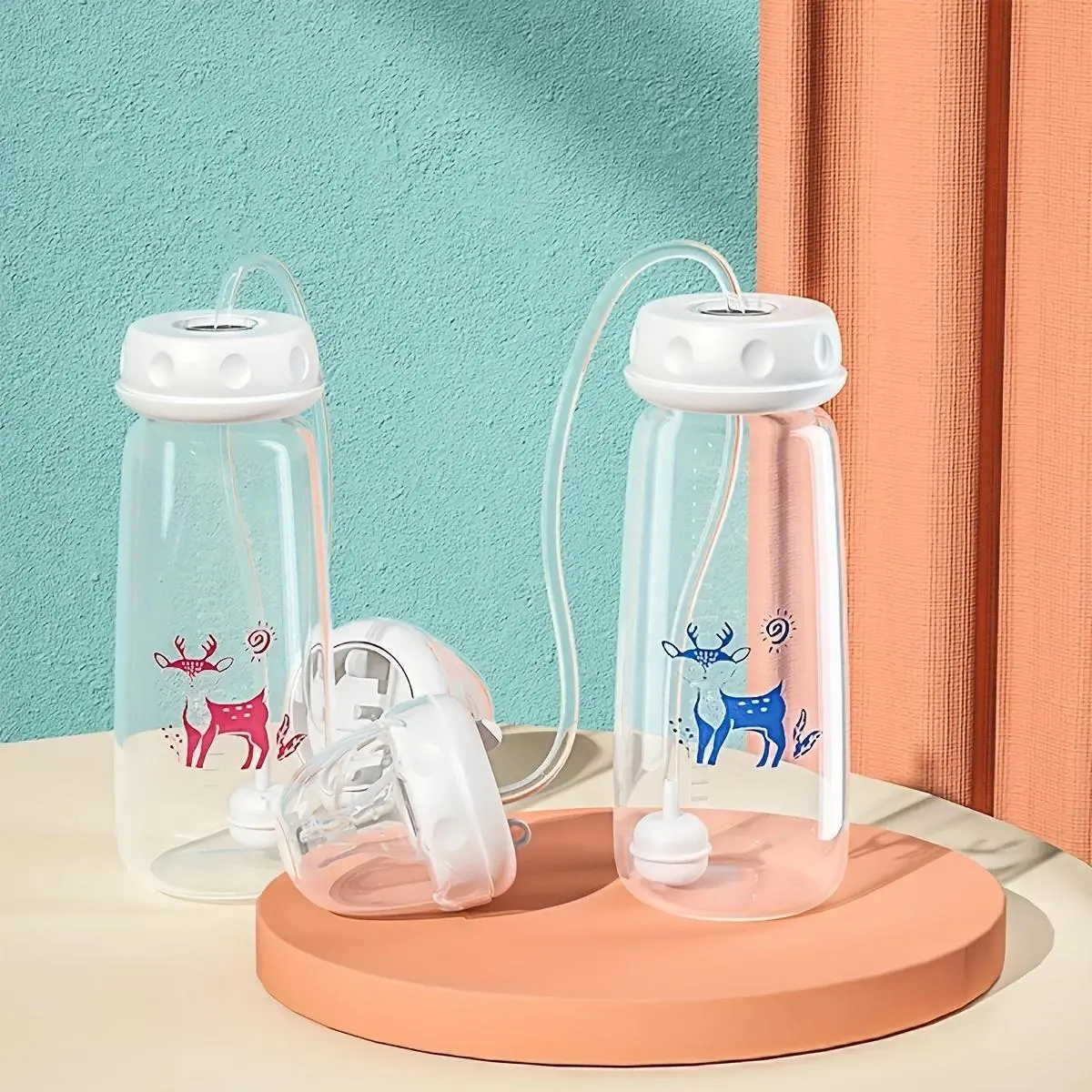 Unisex 1pc No Handle 5oz/150ml PP Normal-Neck Hands-Free Baby Bottle with Straw Brush, Self-Feeding Set for 0-3 Years